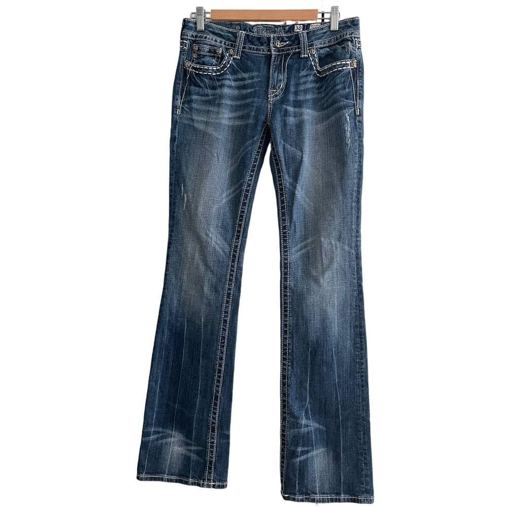 Miss Me Boot Cut Jeans with Fleur de Lis Pockets Gently Distressed. Euc. Size 30